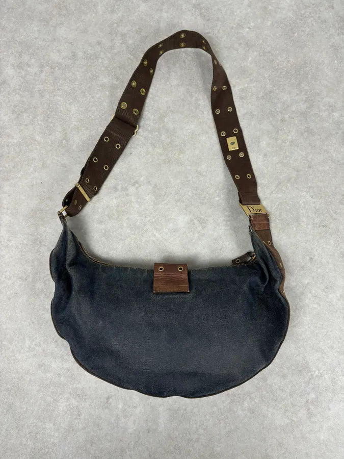 AW2003 Christian Dior Half Moon Navy Denim Leather Studded Bag yTJcOOY 4
