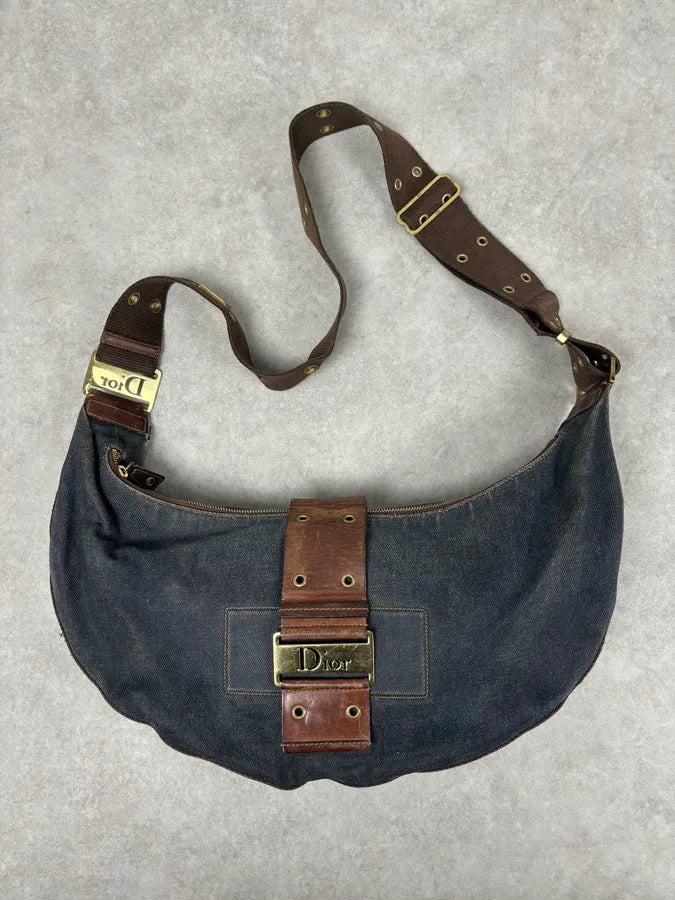 AW2003 Christian Dior Half Moon Navy Denim Leather Studded Bag yTJcOOY 0