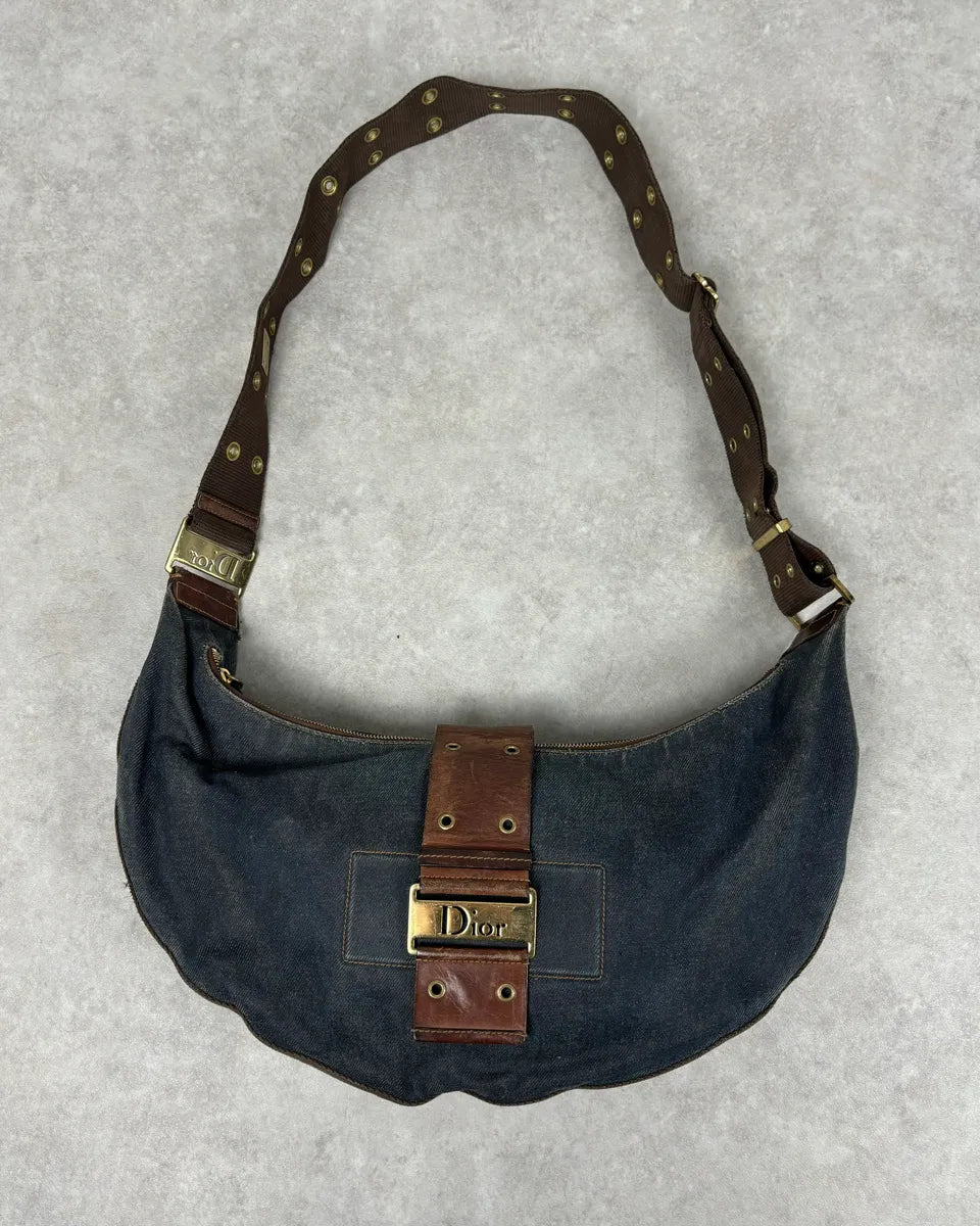 AW2003 Christian Dior Half Moon Navy Denim Leather Studded Bag yTJcOOY 1