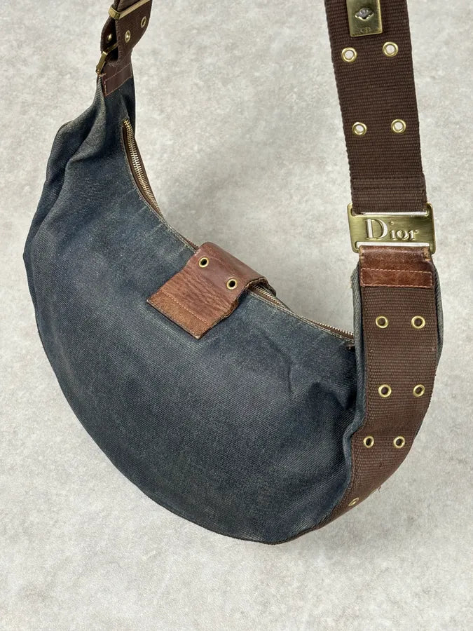 AW2003 Christian Dior Half Moon Navy Denim Leather Studded Bag yTJcOOY 9