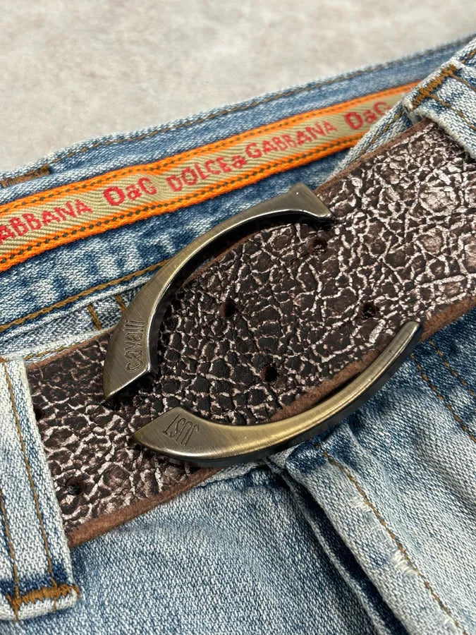2000s Cavalli Brown Cracked Avant-Garde Textured Leather Belt ETeXzhc 2