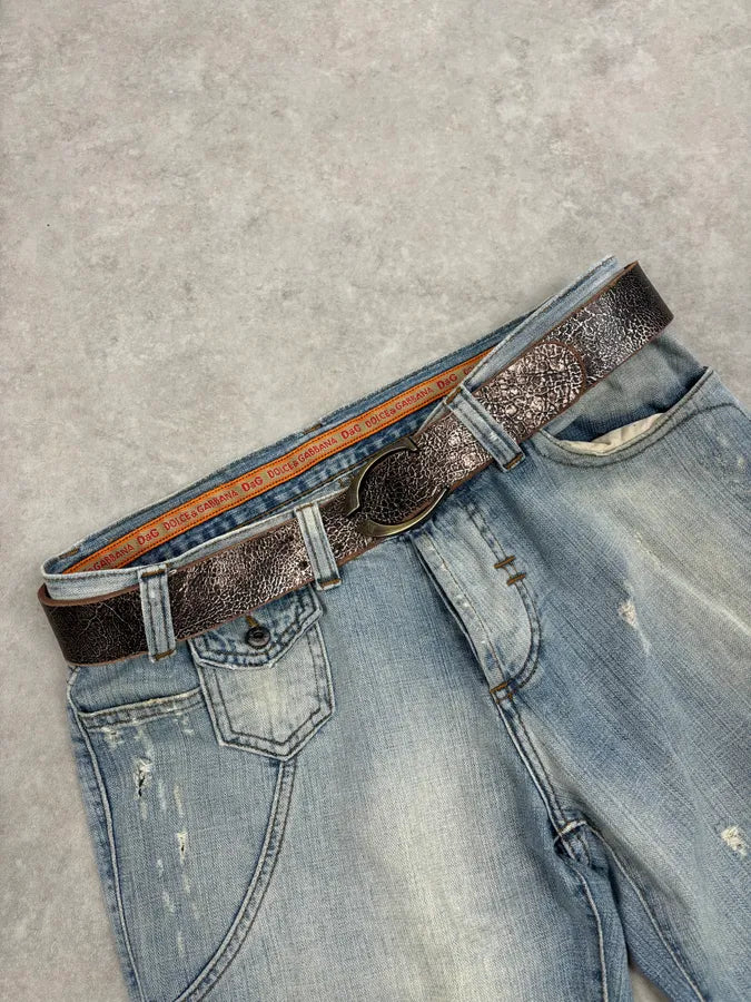 2000s Cavalli Brown Cracked Avant-Garde Textured Leather Belt ETeXzhc 0