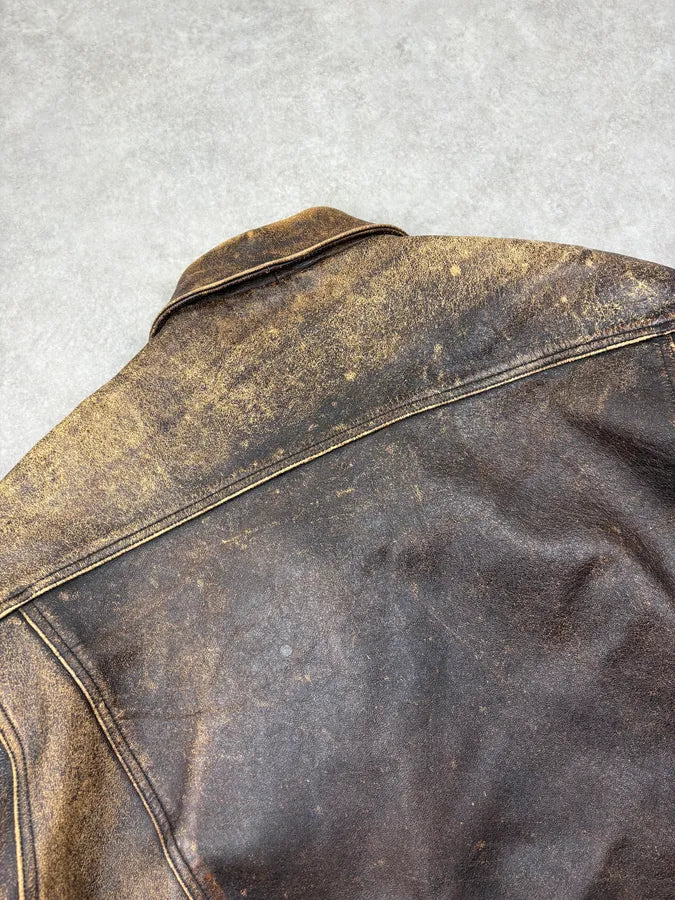 2000s Levis Brown Yellow Eroded Leather Jacket ntDQdFh 8