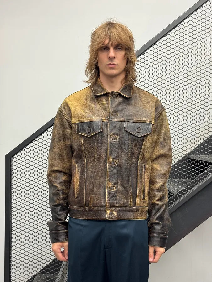 2000s Levis Brown Yellow Eroded Leather Jacket ntDQdFh 1