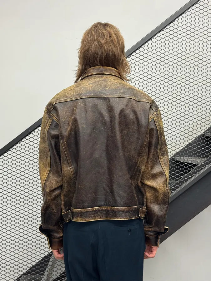 2000s Levis Brown Yellow Eroded Leather Jacket ntDQdFh 2