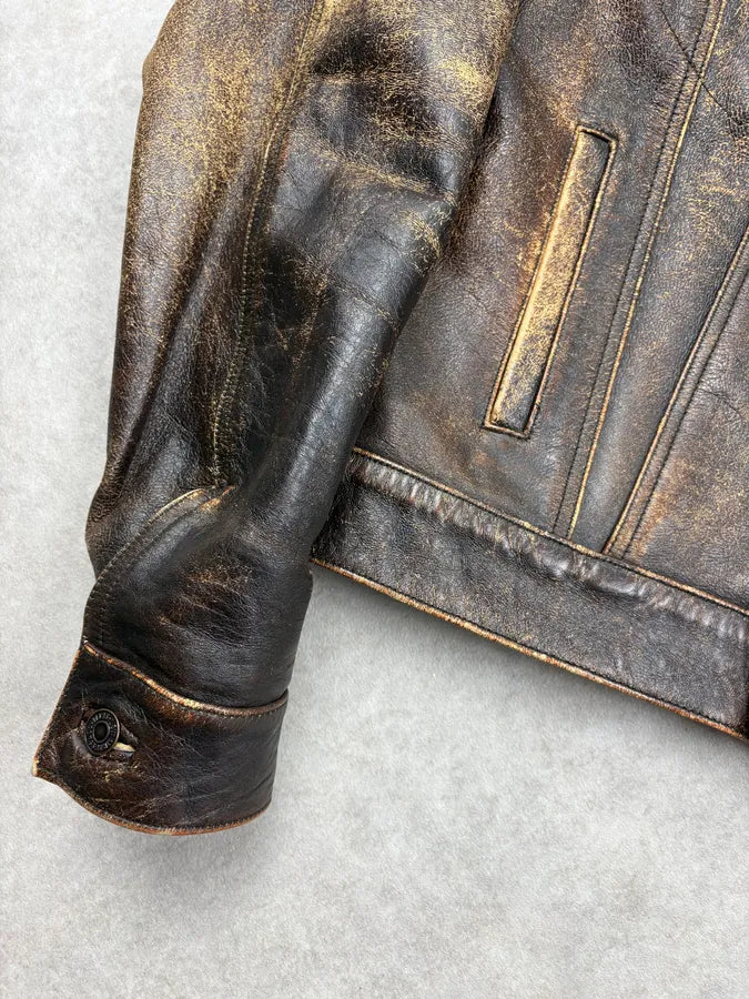 2000s Levis Brown Yellow Eroded Leather Jacket ntDQdFh 7