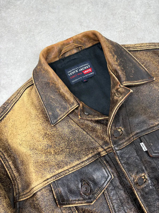 2000s Levis Brown Yellow Eroded Leather Jacket ntDQdFh 4