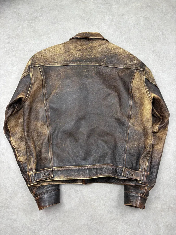 2000s Levis Brown Yellow Eroded Leather Jacket ntDQdFh 5