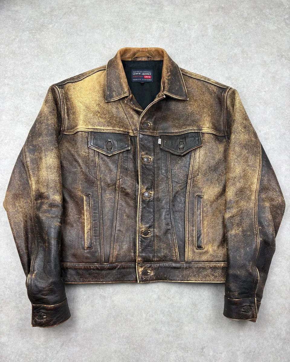 2000s Levis Brown Yellow Eroded Leather Jacket ntDQdFh 0