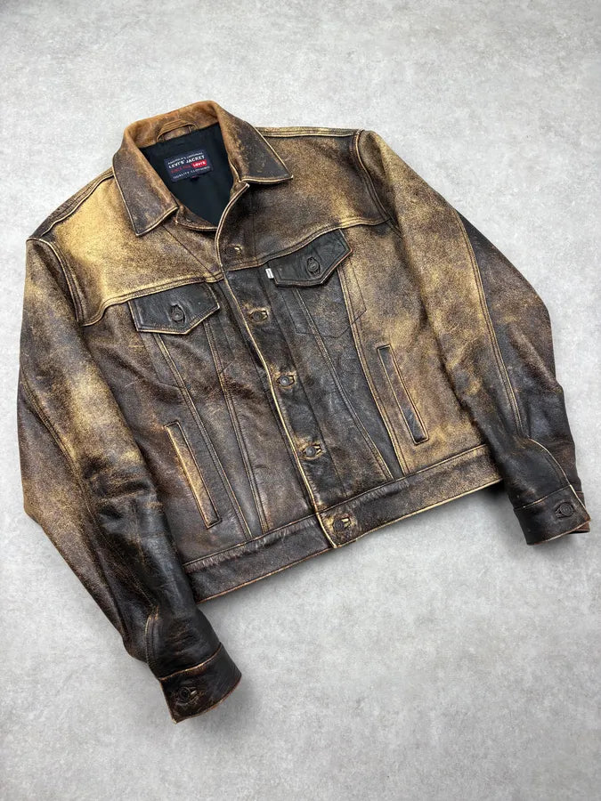 2000s Levis Brown Yellow Eroded Leather Jacket ntDQdFh 3