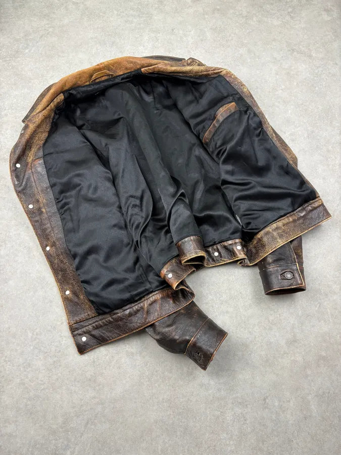 2000s Levis Brown Yellow Eroded Leather Jacket ntDQdFh 6