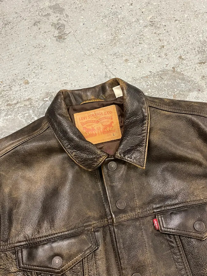 Levi’s Buffalo Brown Faded Leather Trucker Jacket ivCJStf 3