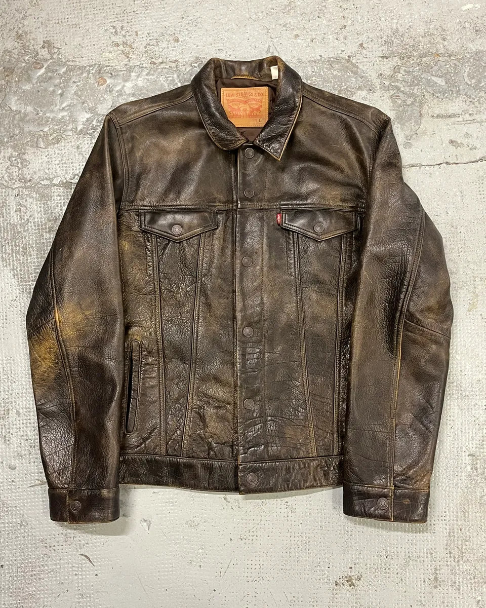 Levi’s Buffalo Brown Faded Leather Trucker Jacket ivCJStf 0