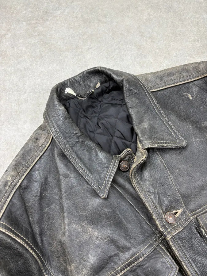 1990s Levis Black Eroded Leather Trucker Jacket xCsQCmM 4