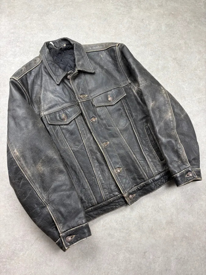 1990s Levis Black Eroded Leather Trucker Jacket xCsQCmM 3