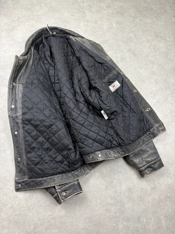 1990s Levis Black Eroded Leather Trucker Jacket xCsQCmM 6
