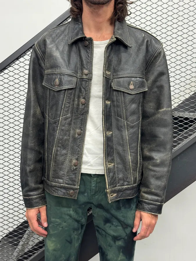 1990s Levis Black Eroded Leather Trucker Jacket xCsQCmM 1