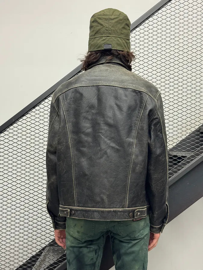 1990s Levis Black Eroded Leather Trucker Jacket xCsQCmM 2