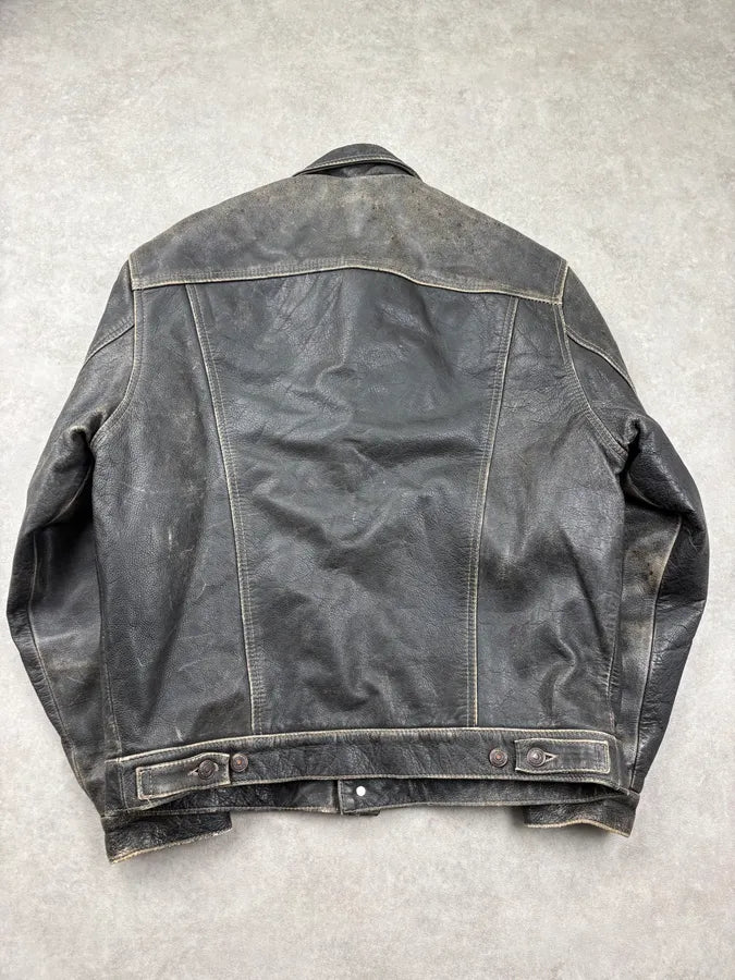 1990s Levis Black Eroded Leather Trucker Jacket xCsQCmM 5