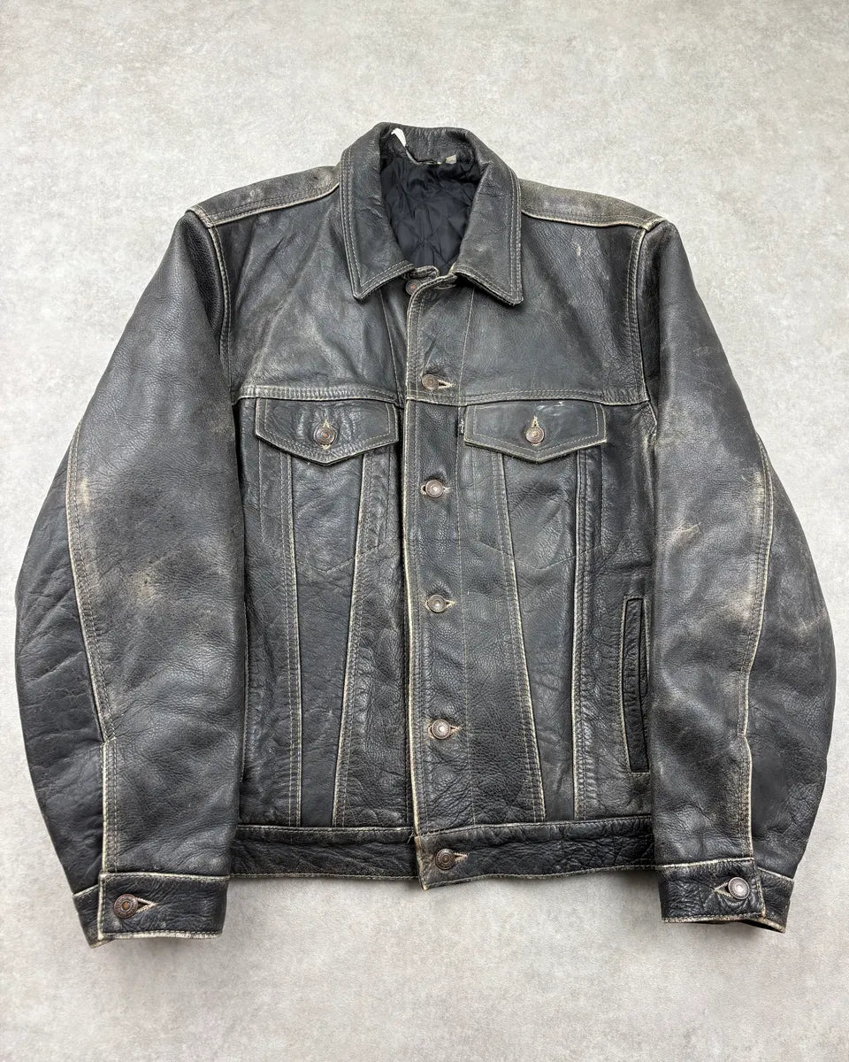 1990s Levis Black Eroded Leather Trucker Jacket xCsQCmM 0