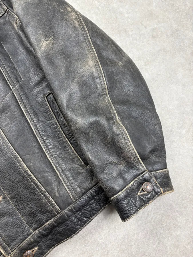 1990s Levis Black Eroded Leather Trucker Jacket xCsQCmM 7