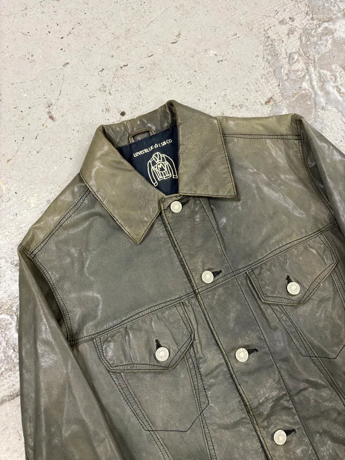 Levi’s Grey Leather Buttoned Trucker Jacket fvBgxTj 4