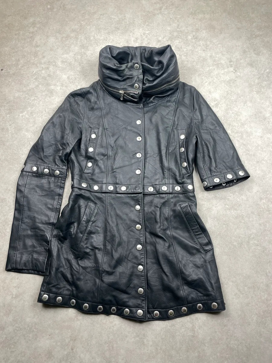 2000s Dolce & Gabbana Black Leather Studded Detachable Long Coat liNideuR 9