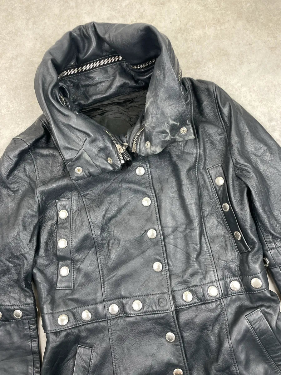 2000s Dolce & Gabbana Black Leather Studded Detachable Long Coat liNideuR 12