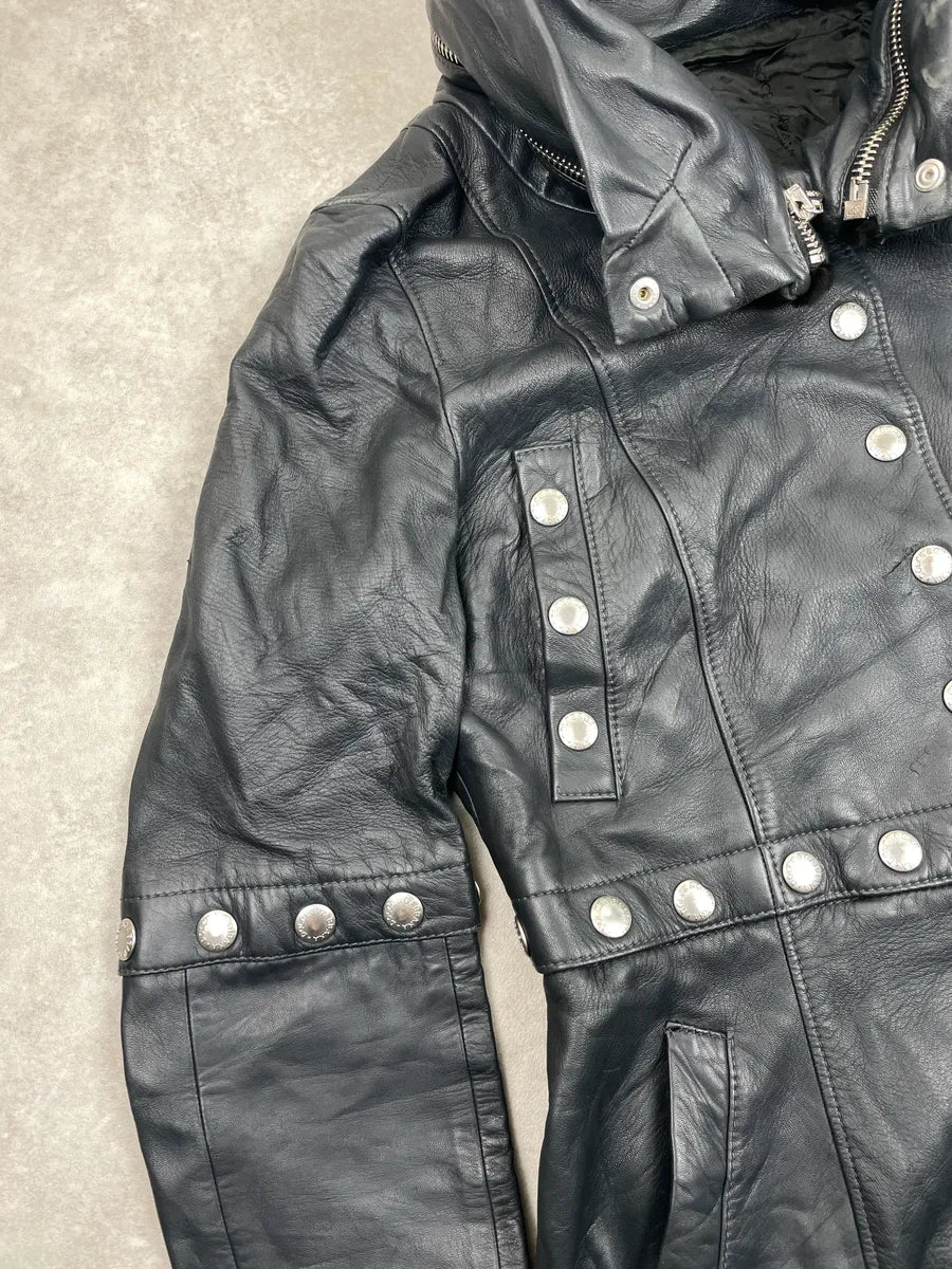 2000s Dolce & Gabbana Black Leather Studded Detachable Long Coat liNideuR 14
