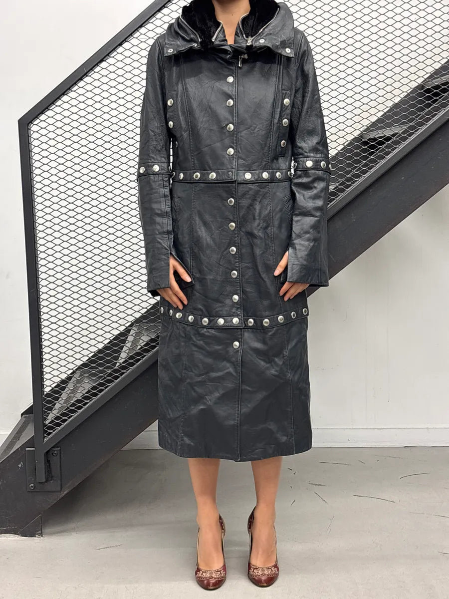 2000s Dolce & Gabbana Black Leather Studded Detachable Long Coat liNideuR 0