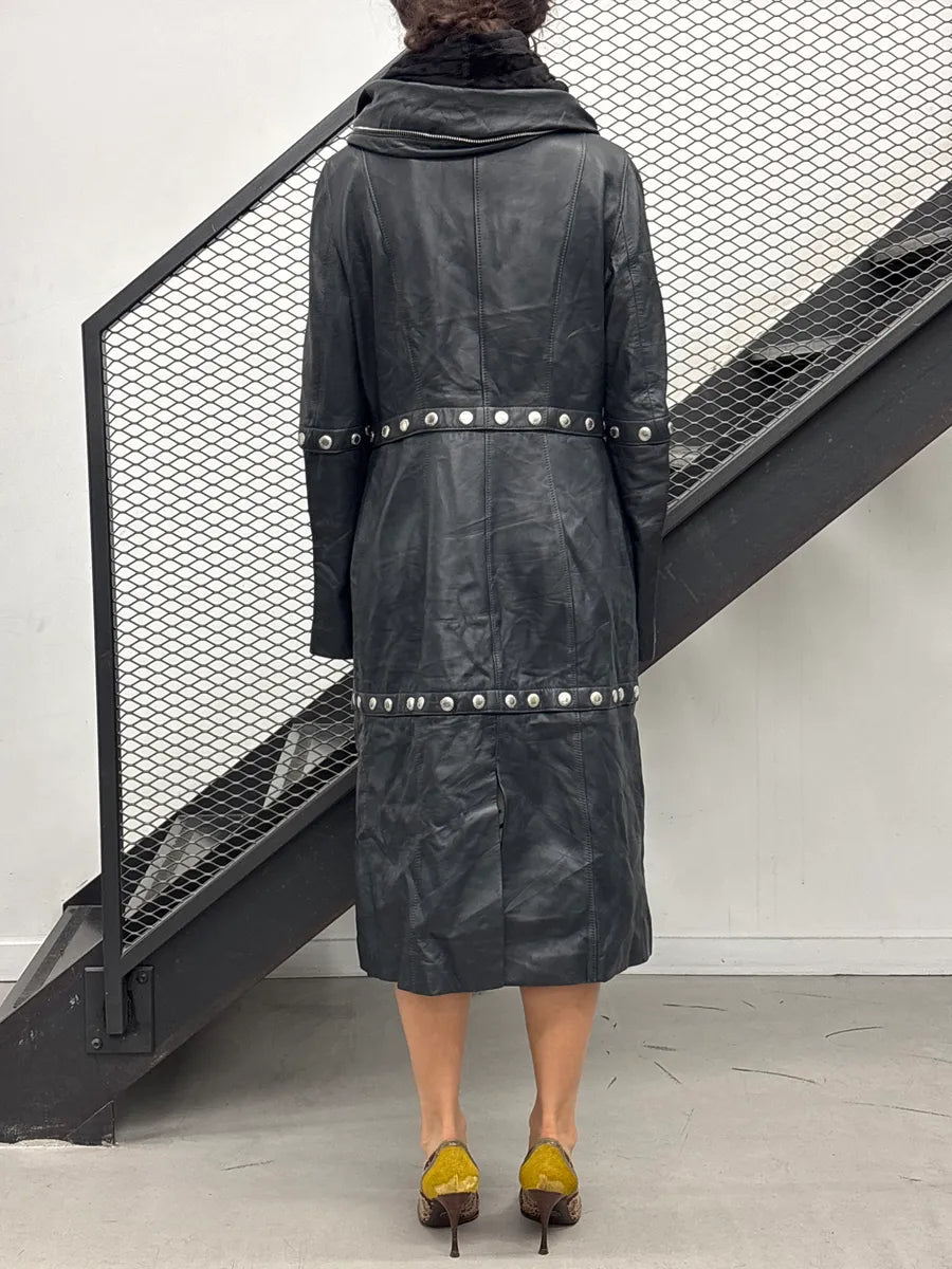 2000s Dolce & Gabbana Black Leather Studded Detachable Long Coat liNideuR 1