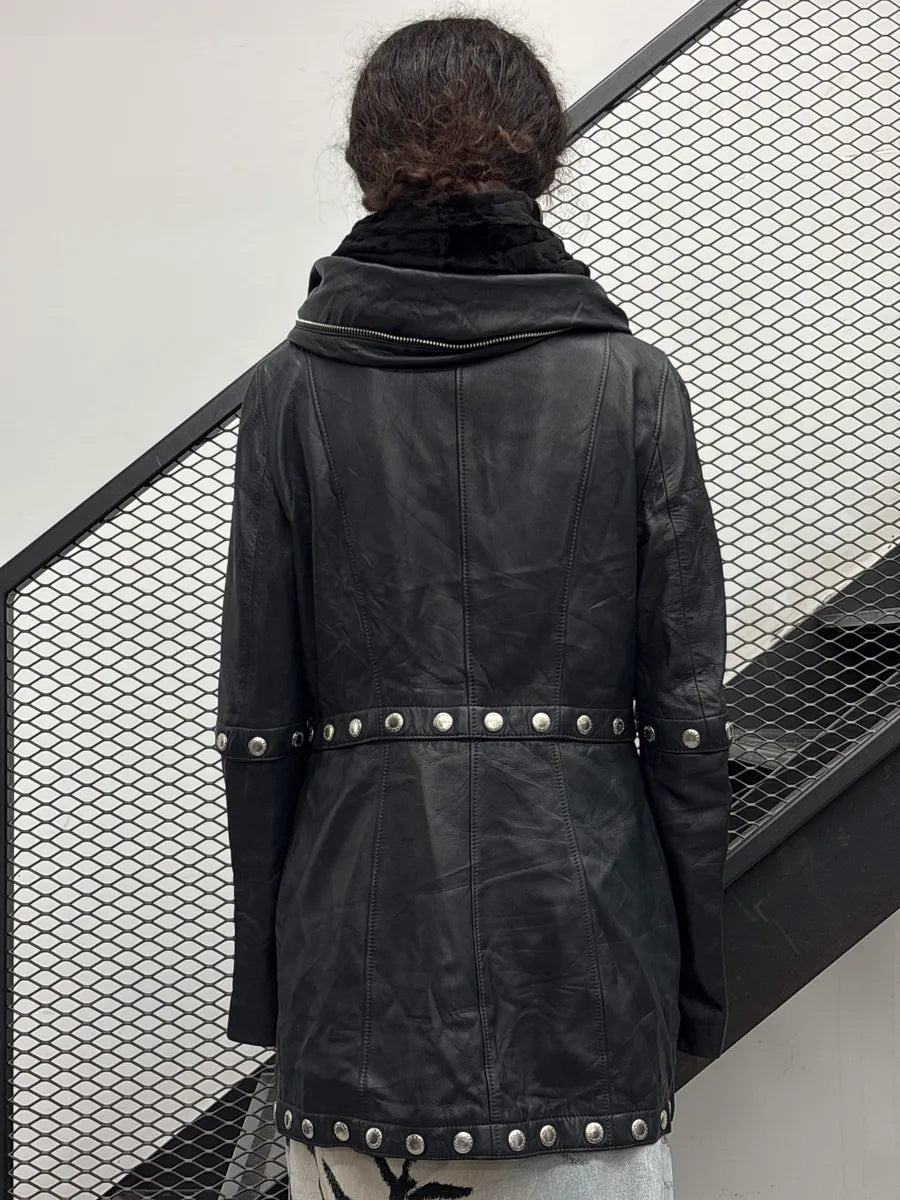 2000s Dolce & Gabbana Black Leather Studded Detachable Long Coat liNideuR 4