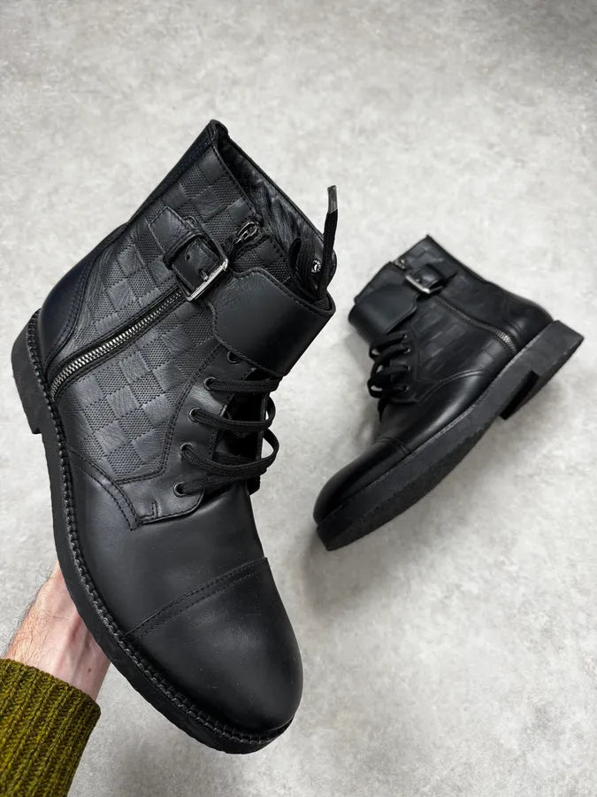 Louis Vuitton Black Leather Damier Clash Combat Boots kGOgFkA 0
