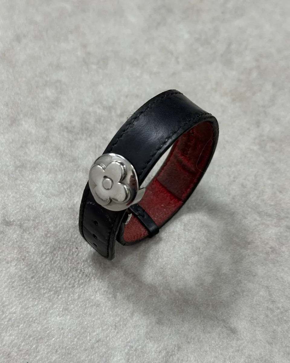 Louis Vuitton Black Leather Flower Monogram Bracelet  zQaKdps 0