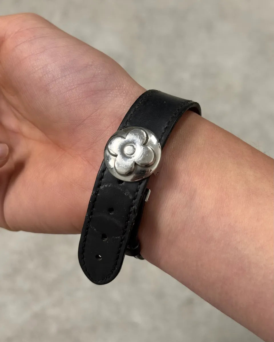 Louis Vuitton Black Leather Flower Monogram Bracelet  zQaKdps 3