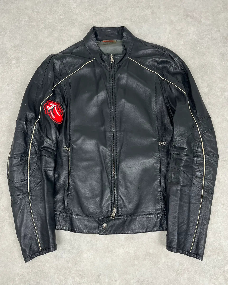 2000s Prada Black Leather Lips Biker Jacket XXpPuNr 0
