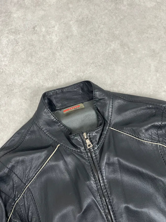 2000s Prada Black Leather Lips Biker Jacket XXpPuNr 3