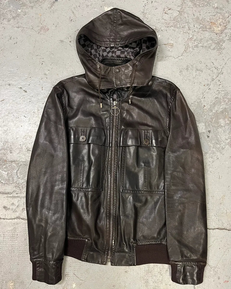 Louis Vuitton Dark Brown Leather Hooded Jacket (S) yFvGZKk 0