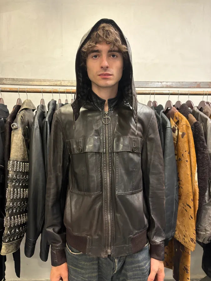 Louis Vuitton Dark Brown Leather Hooded Jacket (S) yFvGZKk 2