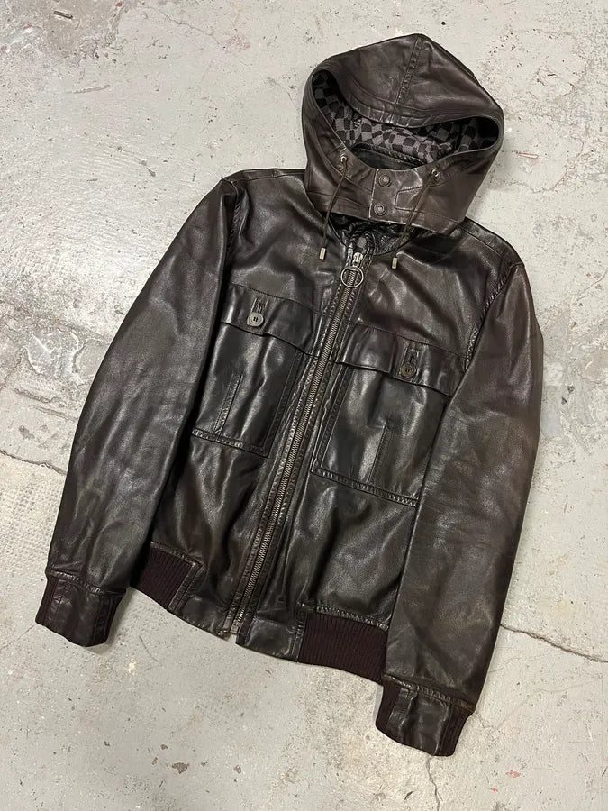Louis Vuitton Dark Brown Leather Hooded Jacket (S) yFvGZKk 4