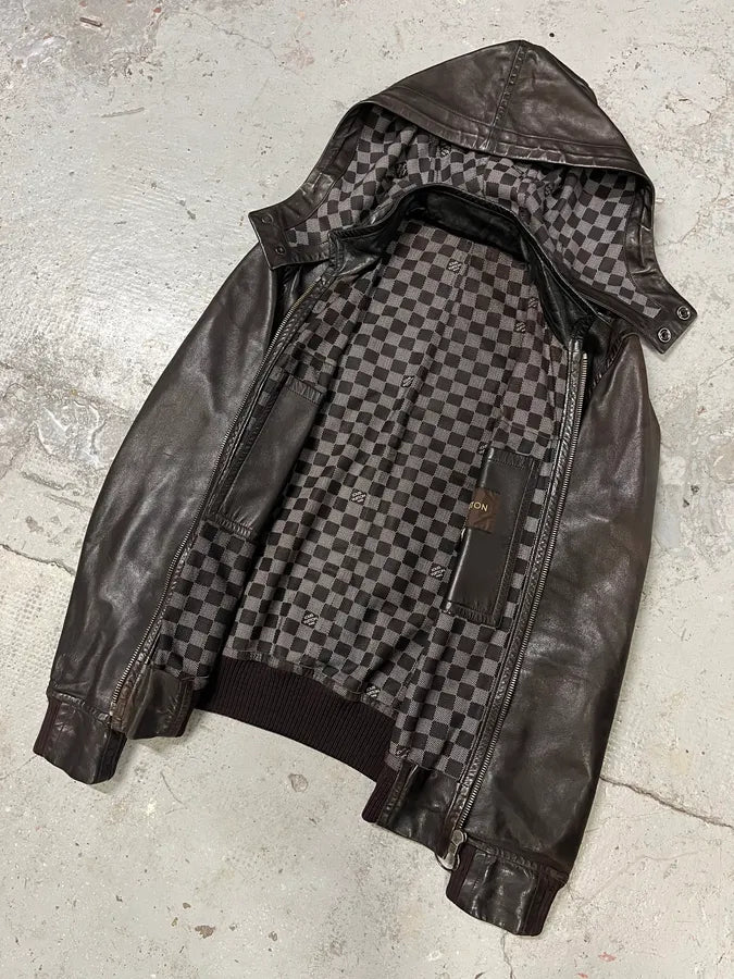 Louis Vuitton Dark Brown Leather Hooded Jacket (S) yFvGZKk 5