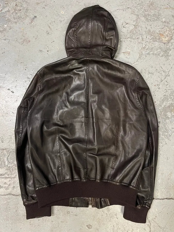 Louis Vuitton Dark Brown Leather Hooded Jacket (S) yFvGZKk 6