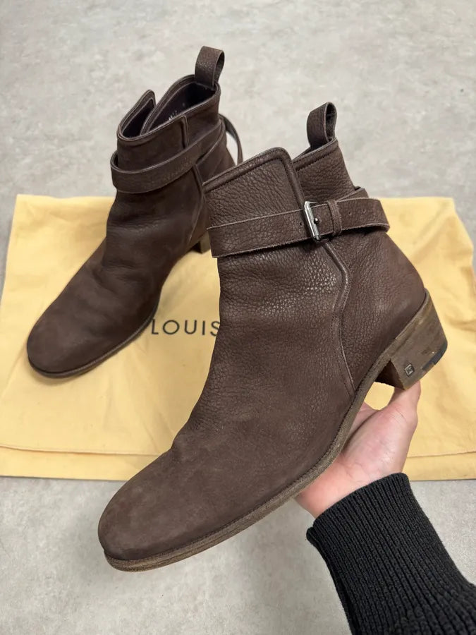 Louis Vuitton Taupe Suede Grain Leather Ankle Buckle Strap Boots tcioEOt 0