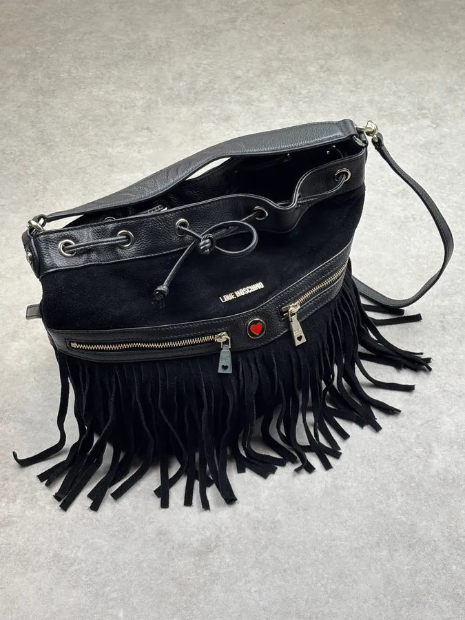 Love Moschino Black Velvet Leather Fringe Bucket Bag SxJsSfE 3