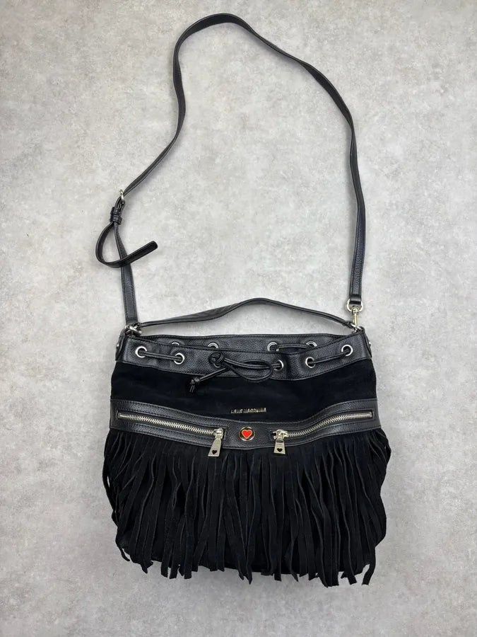Love Moschino Black Velvet Leather Fringe Bucket Bag SxJsSfE 0