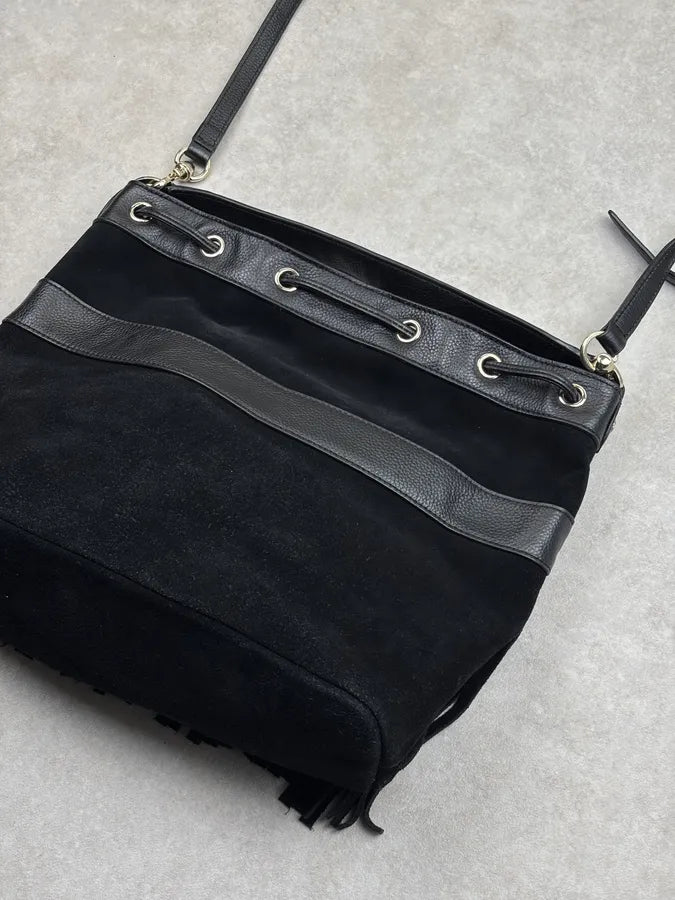 Love Moschino Black Velvet Leather Fringe Bucket Bag SxJsSfE 12