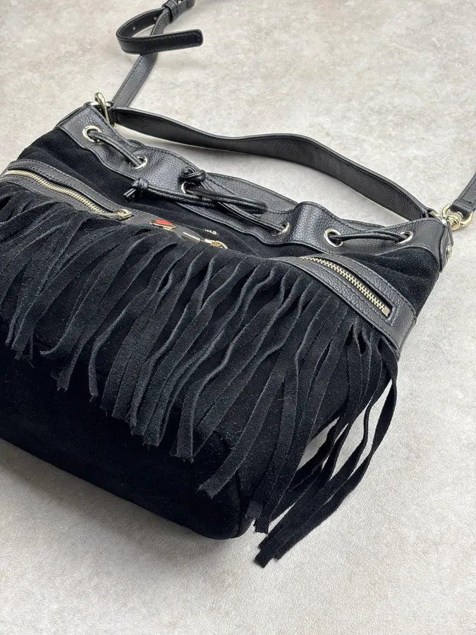 Love Moschino Black Velvet Leather Fringe Bucket Bag SxJsSfE 8