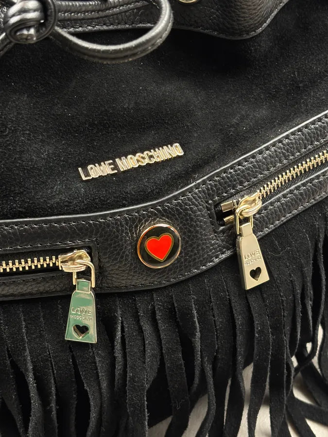 Love Moschino Black Velvet Leather Fringe Bucket Bag SxJsSfE 5