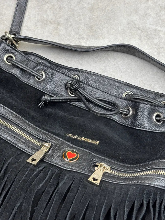 Love Moschino Black Velvet Leather Fringe Bucket Bag SxJsSfE 6