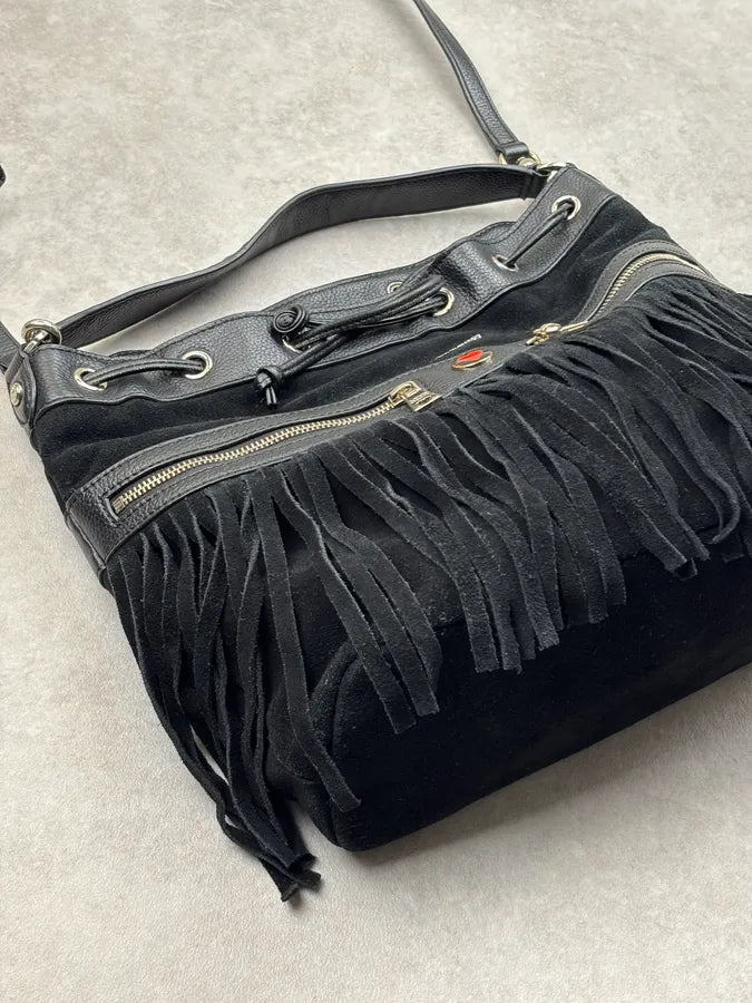 Love Moschino Black Velvet Leather Fringe Bucket Bag SxJsSfE 7